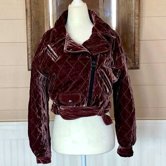 7 For All Mankind Mahogany Brown Cropped Quilted Velvet Bomber Jacket Sz XS NWOT - Picture 1 of 15